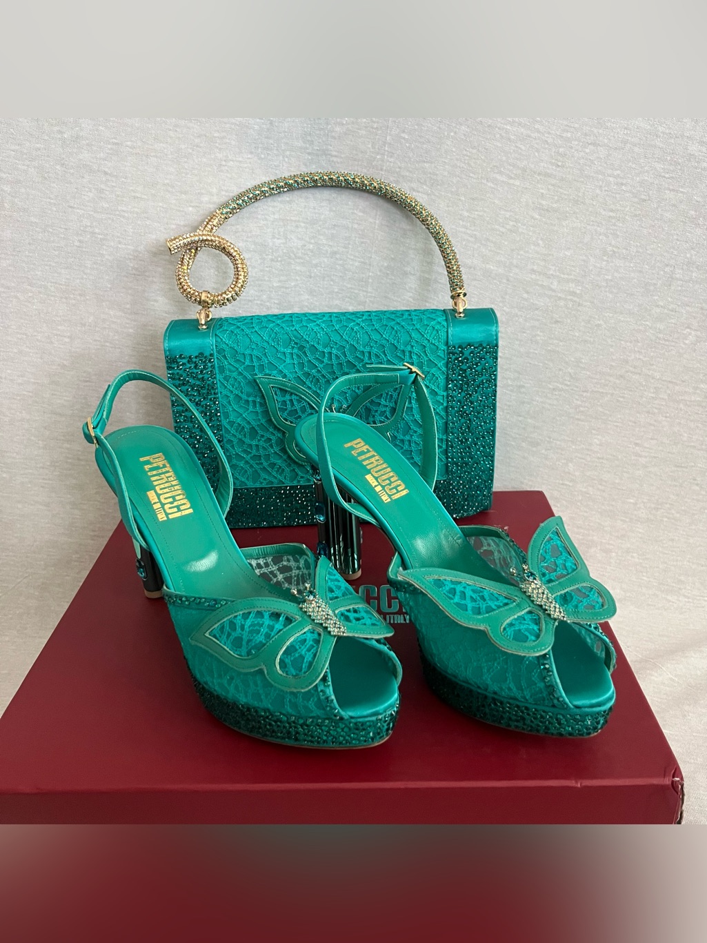 Petrucci Teal Lace Butterfly Platform Heels With Matching Handbag